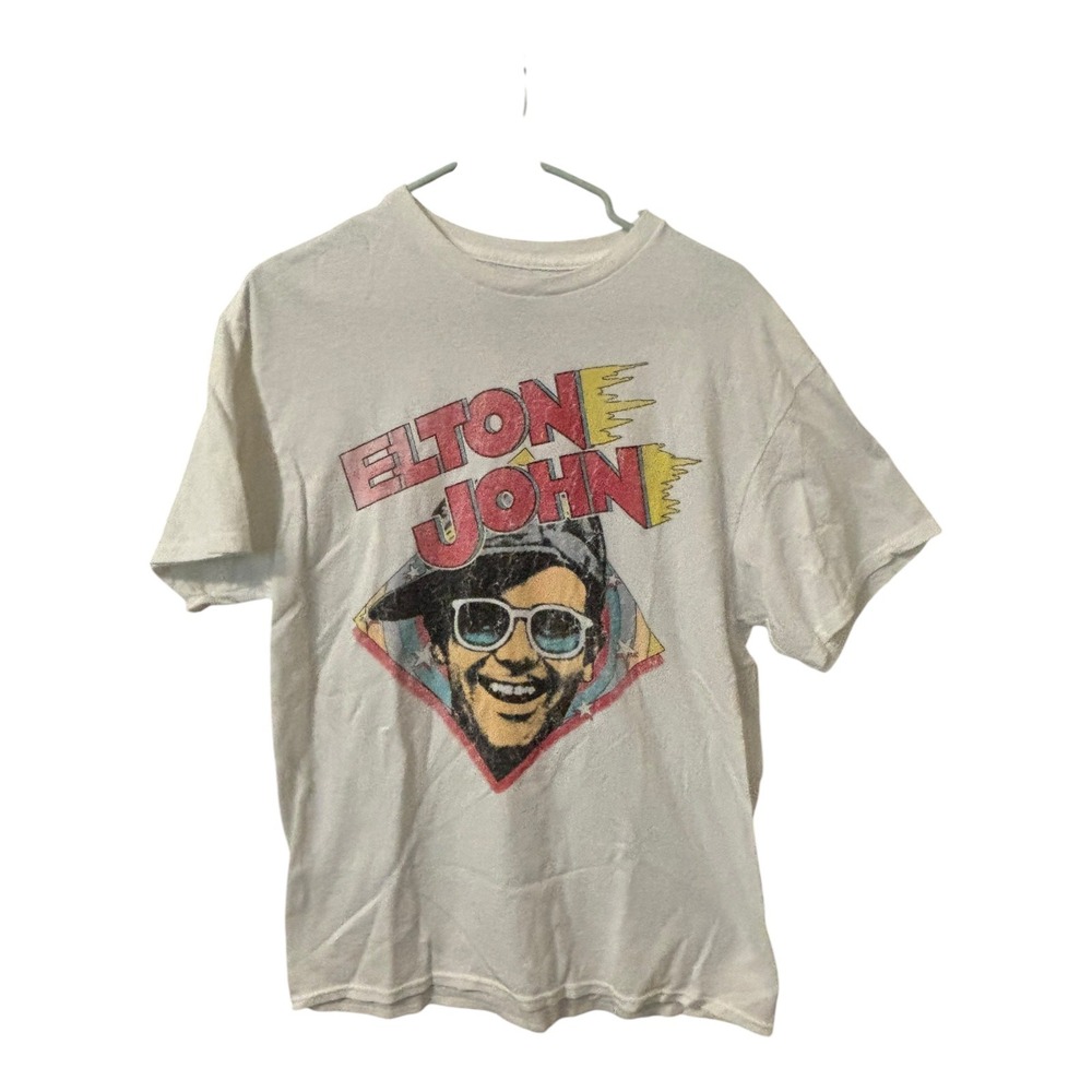 Elton John Graphic T-Shirt Band Tee Music Fan White Cotton Large